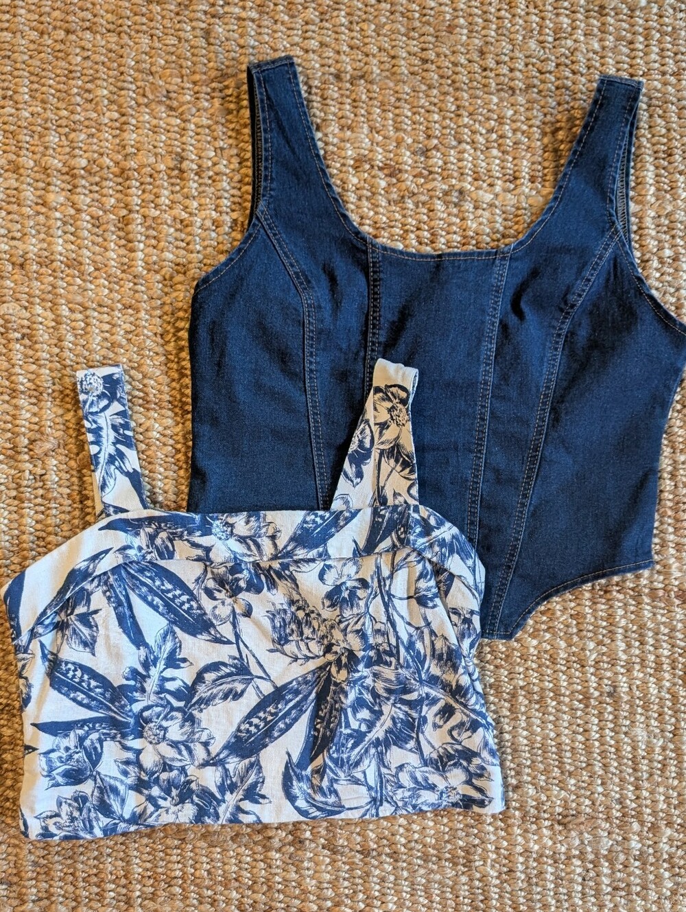 Lot Of Two - Denim Corset Top + Blue Floral Cropped Tank Set